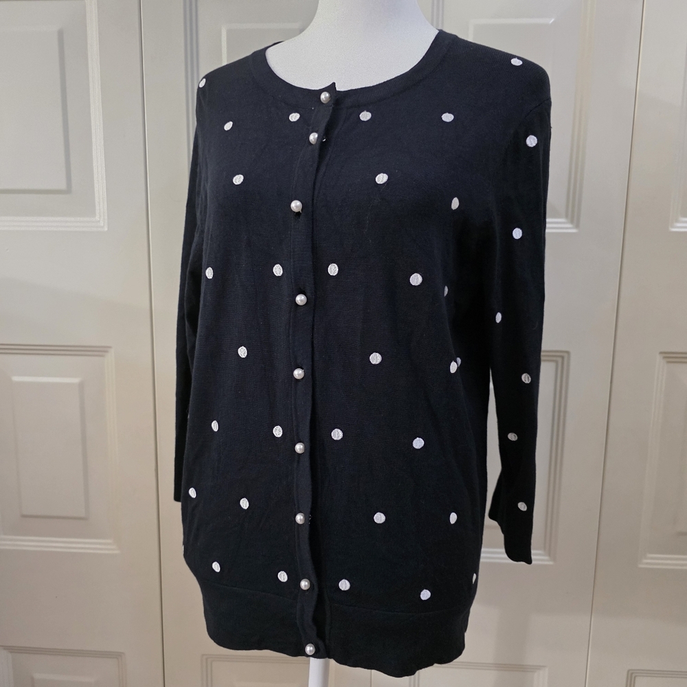Black Polka Dot Women's Black White Pearl Buttons Sweater
